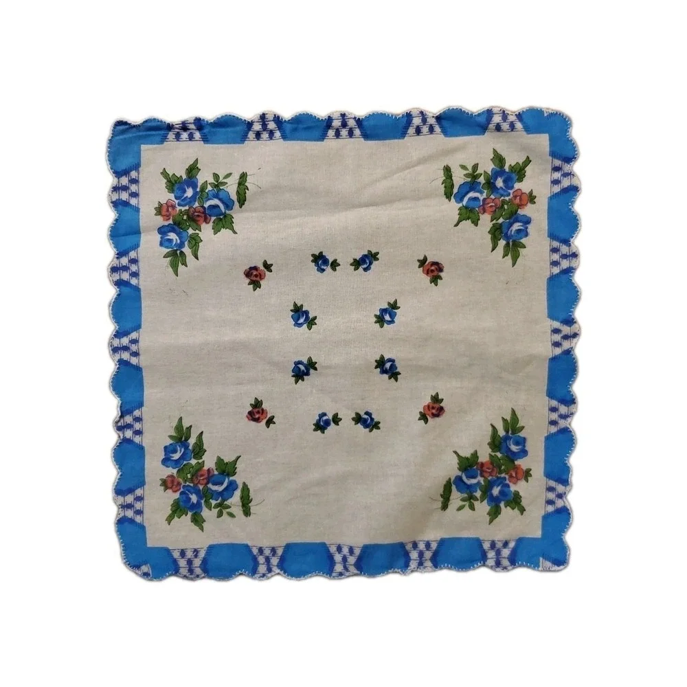 Linen‎ Blue Rose Floral Handkerchief Scalloped Cottage Core Bridesmaid Granny